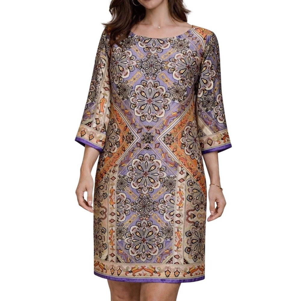 VTG Bethany Women Dress 4 Orange Purple Silky Paisley Shift Boho Retro 90s Y2K